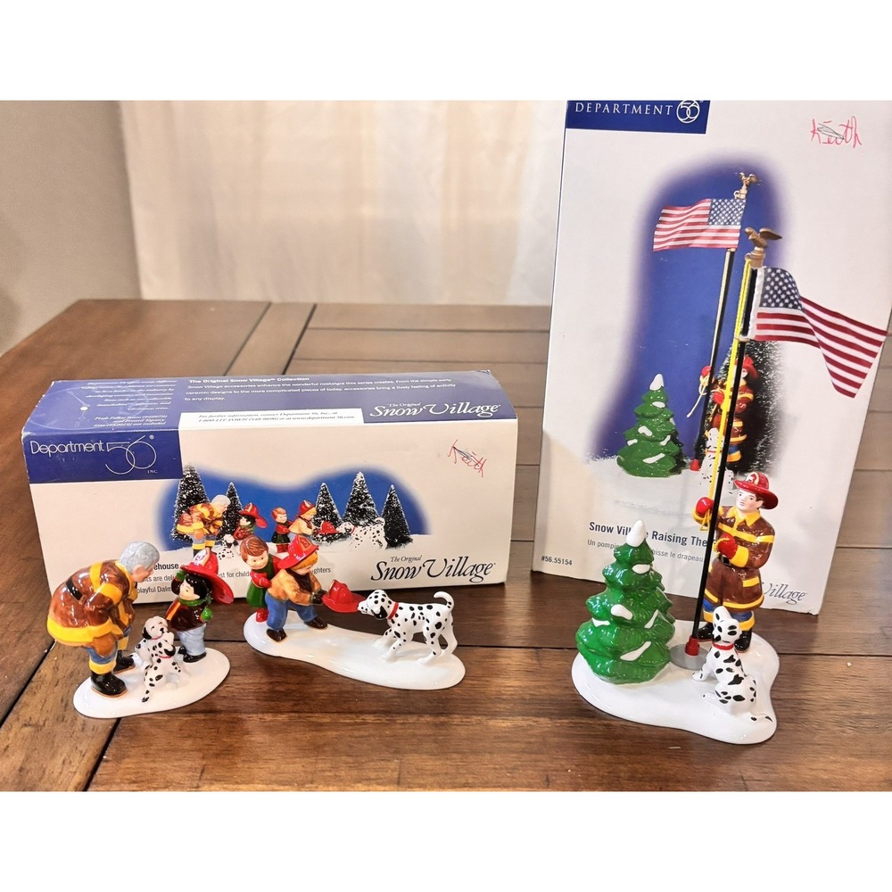 Dept 56 Snow Village Firehouse Fun & Raising The Flag Firefighter Figurine Lot